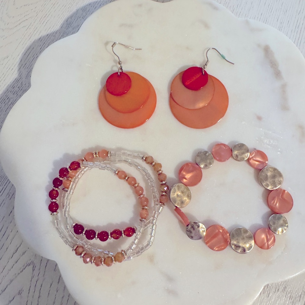 Orange and Gold Layered Earrings and Bracelet Set